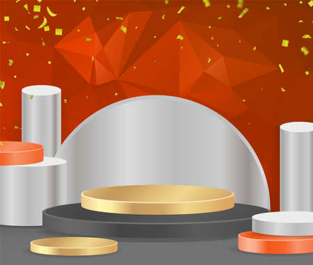 3D vector abstract podium, pedestal, plaque, cylinder steps of a round gold frame. The concept of minimalistic layout, empty space and space. Mock Up. on  red background abstract polygonのイラスト素材