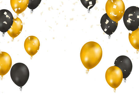 Design gold colors and black with realistic flying helium balloons. Celebration, festival background, greeting banner, card, poster.のイラスト素材