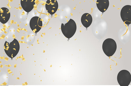 balloon black and white background. Flying colorful balloons birthday party decoration. Anniversary celebration card, fun carnival holiday joy surpriseのイラスト素材