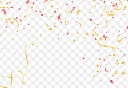 Falling shiny golden confetti isolated on transparent background.VIP flying sparkle elements, gold foil texture serpentine streamers confetti falling new year vector.のイラスト素材