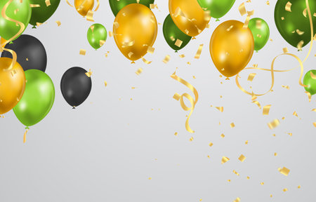 Realistic colorful helium balloons isolated on background. Party decoration frame for birthday, anniversary, celebration. message presentations or identity layouts. Graphic template and ideas.のイラスト素材