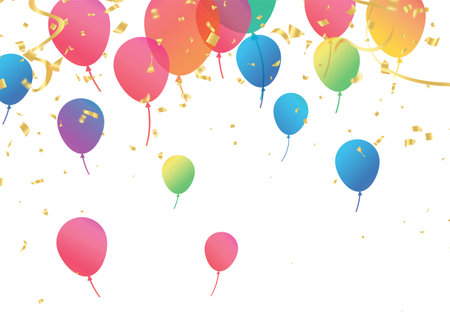 Lettering Happy Birthday To You white background. Holiday decorations with balloons, pennants and confetti. Greeting card can be used for congratulation, posters and banners.のイラスト素材