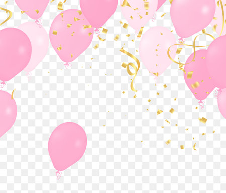 Pink balloons with confetti and ribbons on transparent background. Vector illustration.のイラスト素材