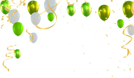 Illustration of green and white balloons with ribbons and confettiのイラスト素材