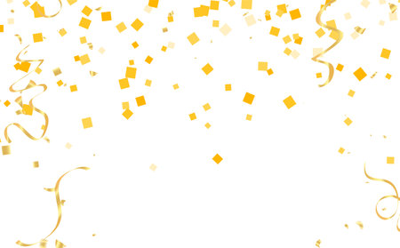 Gold confetti on a white background. Illustration of a drop of shiny particles. Decorative element. Luxury background for your design, cards, invitations, gift, vip.のイラスト素材