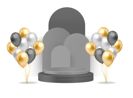 Black and silver podium with balloons on white background. Vector illustration.のイラスト素材