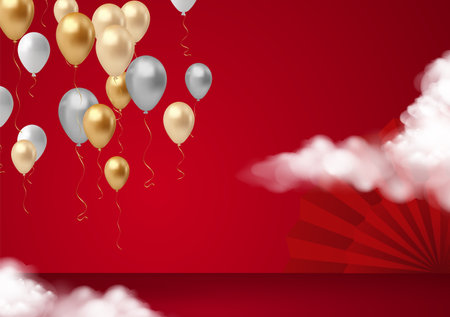 Red background with balloons and paper clouds. Eps 10 vector file.のイラスト素材