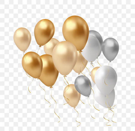 Gold, silver and white balloons with ribbons. Realistic vector illustration.のイラスト素材