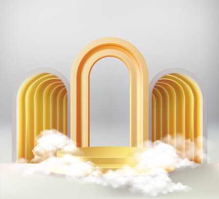 realistic 3d cylinder stand podium in arch window Vector abstract studio room with geometric platform Product display. Vector rendering geometric forms.のイラスト素材