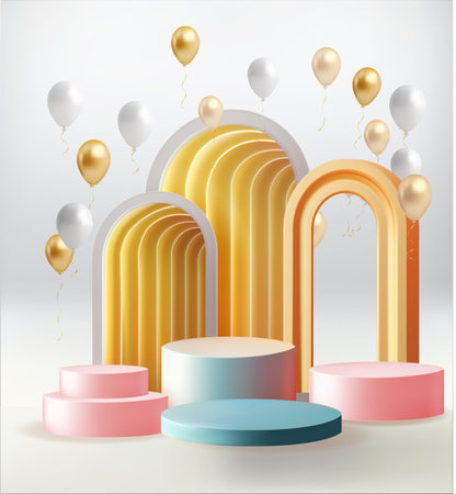 realistic 3d cylinder stand podium in arch window Vector abstract studio room with geometric platform Product display. Vector rendering geometric forms.のイラスト素材