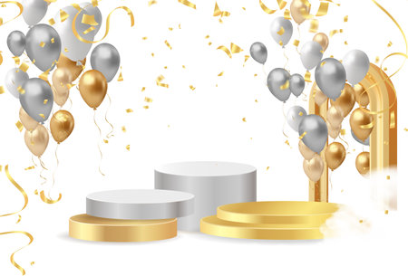 White and gold podium with balloons and confetti. Vector illustration.のイラスト素材