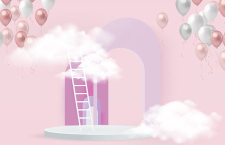 Podium with ladder, clouds, balloons and arch. 3D renderingのイラスト素材