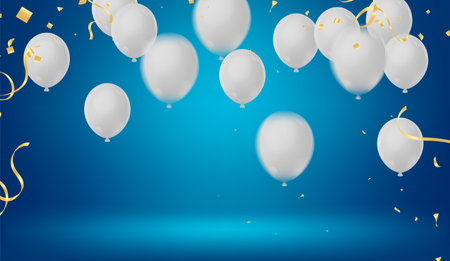 Birthday greeting vector template design. Happy birthday text in white board space with flying  balloons and confetti element. round 3d air balloons. illustrationのイラスト素材