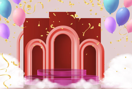 Podium for product presentation with arch and balloons. Vector illustration.のイラスト素材