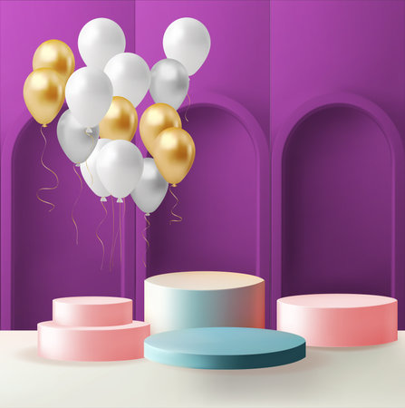 Set of white realistic 3d cylinder pedestal podium with pastel in semi circle backdrop. Abstract vector rendering geometric balloons, vibrant birthday bannerのイラスト素材