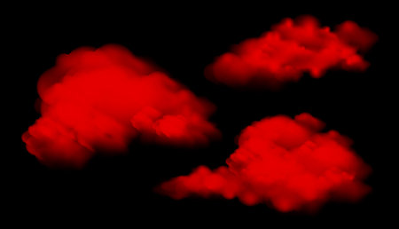 Realistic red colorful smoke clouds, mist effect. Fog isolated on transparent background. Vapor in air, steam flow. Vector illustration.のイラスト素材