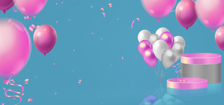 3d render of podium with balloons and confetti on blue backgroundのイラスト素材