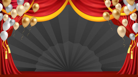 Red curtains realistic illustration.Theater fabric silk decoration for movie cinema or opera hall.for show product. decoration object for theater stage and new year chineseのイラスト素材