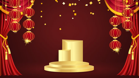 Red curtains realistic illustration.Theater fabric silk decoration for movie cinema or opera hall.for show product. decoration object for theater stage and new year chineseのイラスト素材