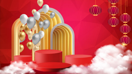 Podium stage chinese style for chinese new year and festivals or mid autumn festival with red background. mock up stage with festive lanternsのイラスト素材