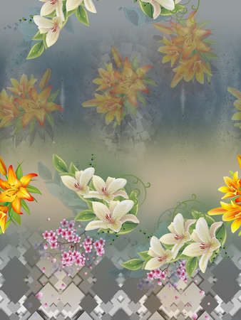 Digital textile design and colourfull background with flowers, repeat patternの写真素材
