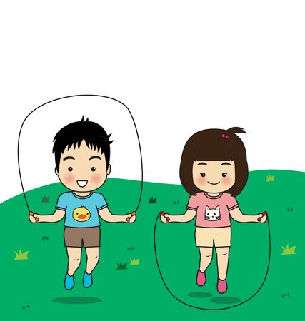 childern exercise jumping rope on lawnのイラスト素材