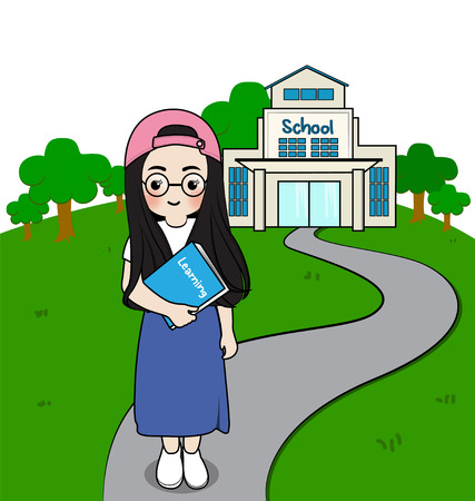 girl student standing in front of schoolのイラスト素材