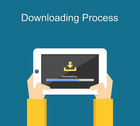 Downloading process on screen of tablet concept illustration. Flat design. Download bar status.のイラスト素材