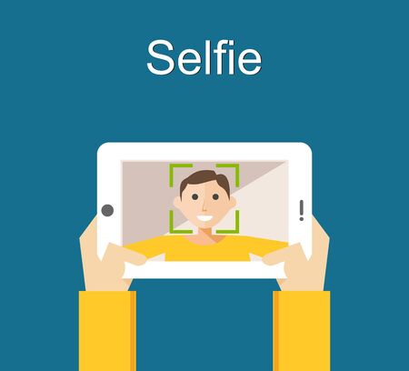 Selfie concept illustration flat design. Young man taking selfie with smart phone or gadget.のイラスト素材