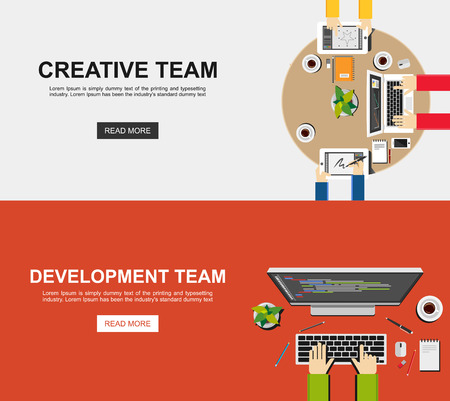 Banner illustration of creative team and development team. Flat design illustration concepts for analysis working brainstorming working meeting coding programming and teamwork.のイラスト素材
