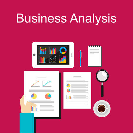 Business analysis illustration. Flat design illustration concepts for business, planning, management, career, business strategy, business statistics, brainstorming, monitoring, working, consulting.のイラスト素材