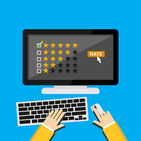 Rating illustration. Flat design. Rating system on desktop screen. Giving feedback concept.のイラスト素材