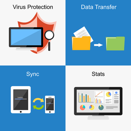 Set of flat design illustration concepts for virus protection, file transfer, sync, stats.のイラスト素材