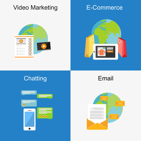 Set of flat design illustration concepts for video marketing, chatting, e-commerce, email.のイラスト素材