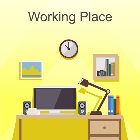 Working place or studying place illustration. Banner illustration. Flat design illustration concepts for working place at office, working place at home, workspace, workplace,  studying place.のイラスト素材