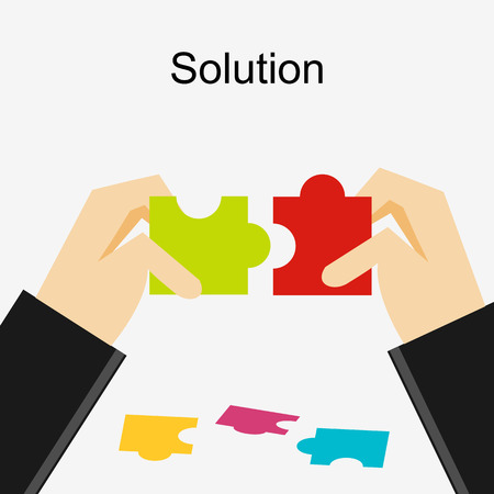 Create a solution illustration. Making a solution concept. Business people with puzzle pieces. Flat design illustration concepts for business, career, strategy, decision making.のイラスト素材