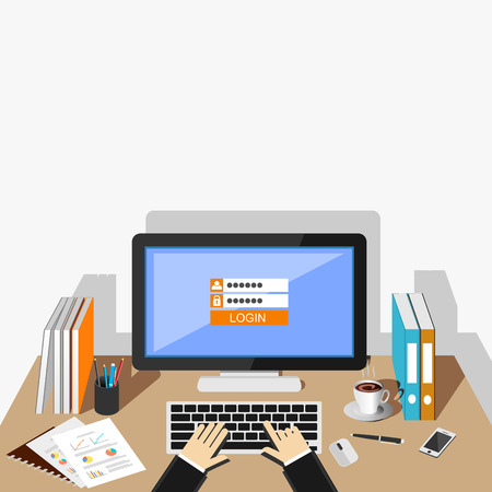 Login form illustration. Flat design. Login form on desktop screen illustration concept.のイラスト素材
