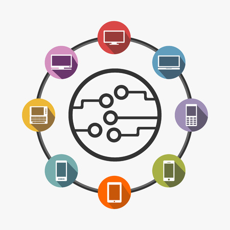 Abstract background with integrated circles and icons for digital, internet, network, connect, communicate, distributed system concept. Technology connection concept.のイラスト素材