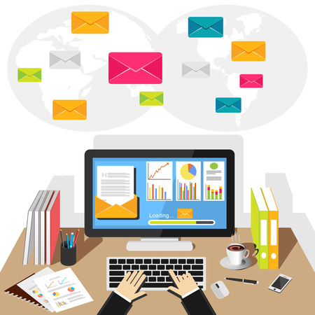 Businessman person sending the e-mail from computer. E-mail marketing. Business technology conceptのイラスト素材