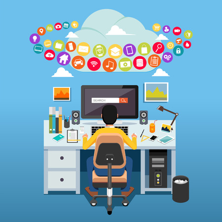 Man sitting on chair at table in front of computer monitor accessing internet.のイラスト素材