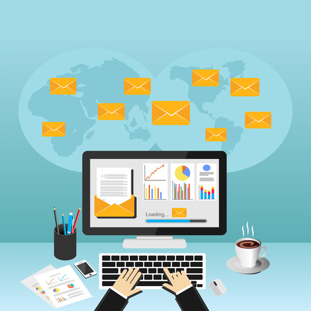 Businessman sending or receiving email. Business email marketing. Email advertisement.のイラスト素材