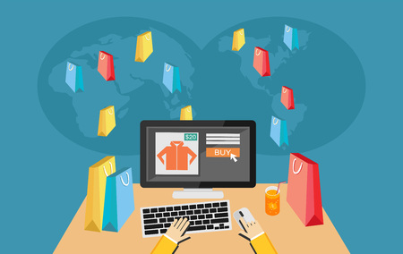 Person working on laptop computer shopping on e-commerce store.のイラスト素材