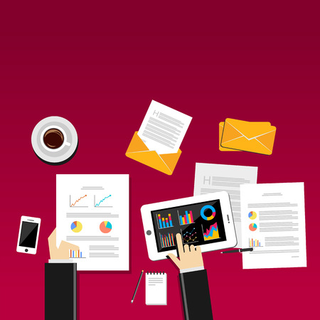 Business person works at workplace with smartphone, graphs and tablesのイラスト素材