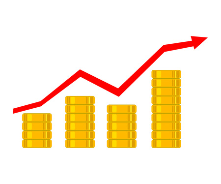 Graph revenue growth and profits. Golden coins as bars rising on the graph. Financial growth concept.のイラスト素材