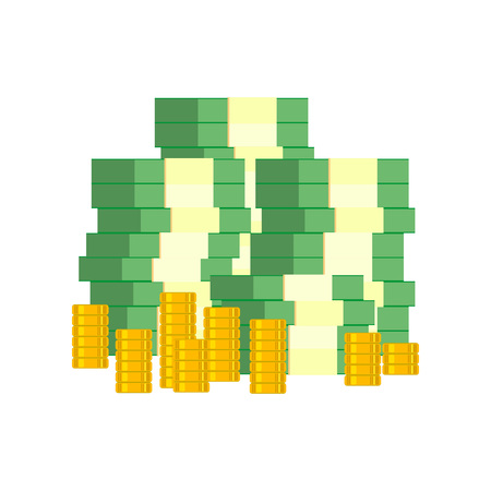 Big stacked pile of cash money and gold coins.のイラスト素材