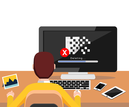 Deleting file process on desktop screen concept. Person working on computer. Modern flat design for Web Banner , Website Element , Brochures, or Book coverのイラスト素材