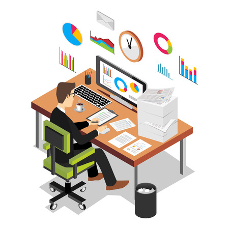Business person working on computer. Business analyst, business growth concept. Modern isometric illustration for Web Banner , Website Element , Brochures , or Book cover.のイラスト素材