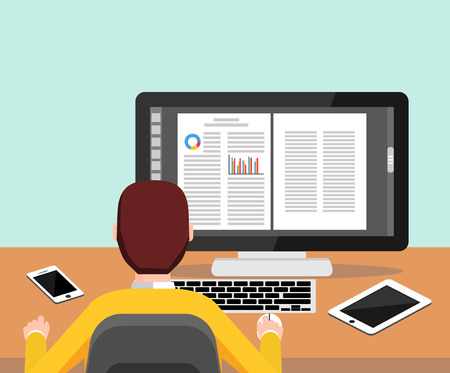 Person typing document on computer. To do job. Studying or working concept. Person working on computer. Modern flat design for Web Banner , Website Element , Brochures, or Book coverのイラスト素材