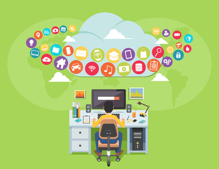 Surfing on the internet. Man accessing internet contents. Internet user. illustration for web banner, template, or inforgraphicのイラスト素材