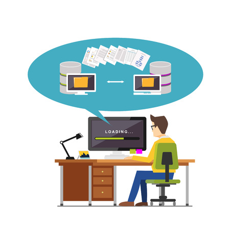 Exchanging files. Copying files between devices. Backup files. Data migration concept. File management concept illustration for web banner, web element, or infographics element.のイラスト素材